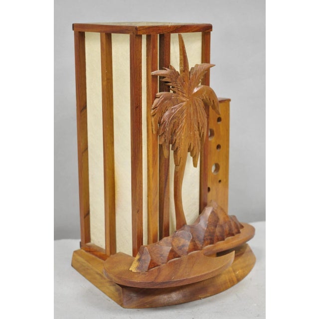 Vintage Mid Century Modern Carved Hawaiian Koa Wood Palm Tree Tiki Table Lamp For Sale In Philadelphia - Image 6 of 15