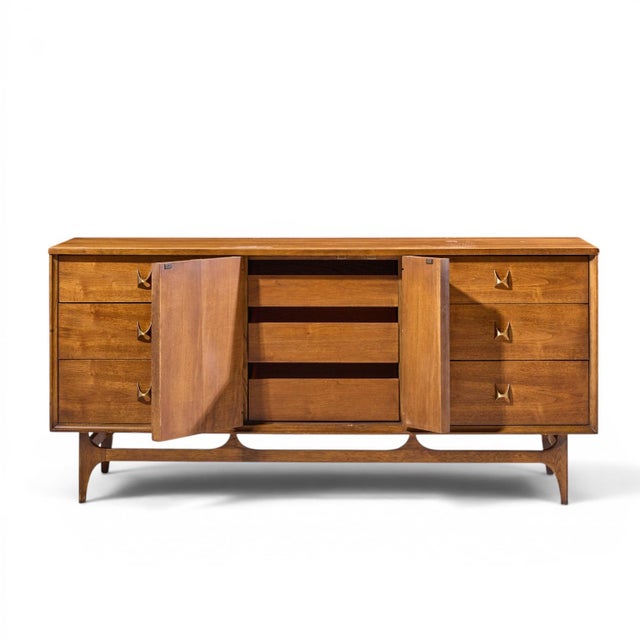 Brown Broyhill Brasilia Mid Century Walnut and Brass 9-Drawer Lowboy Dresser For Sale - Image 8 of 9