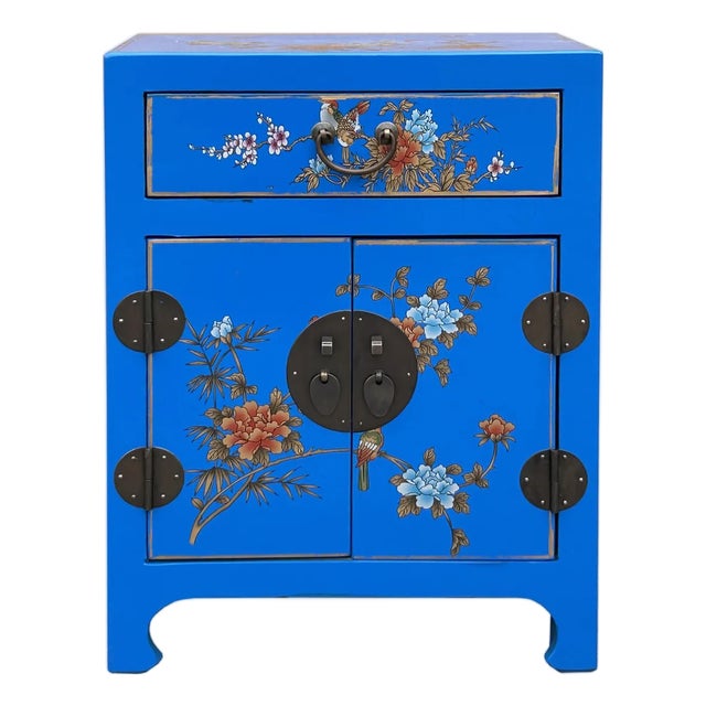 Chinese Bright Blue Vinyl Moon Face Flower Birds End Table Nightstand For Sale