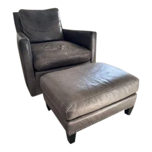 Lee Industries Gray Leather Swivel Chair and Ottoman