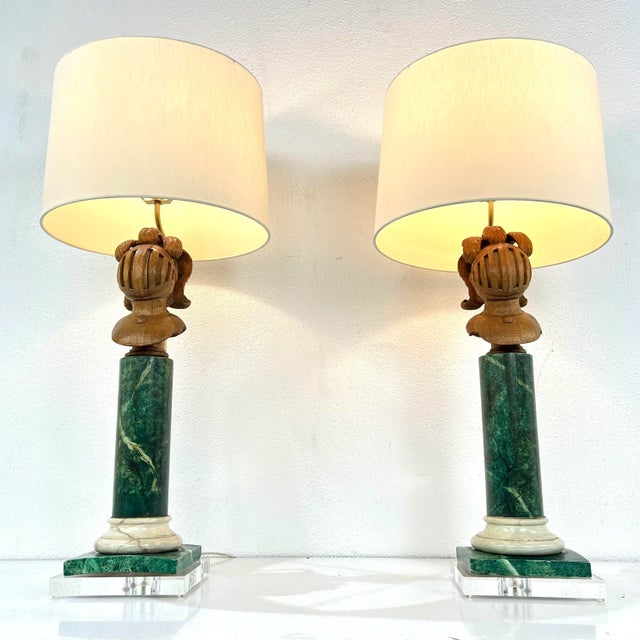 Green Pair of Faux Marble Wood Lamps on Lucite Bases For Sale - Image 8 of 12