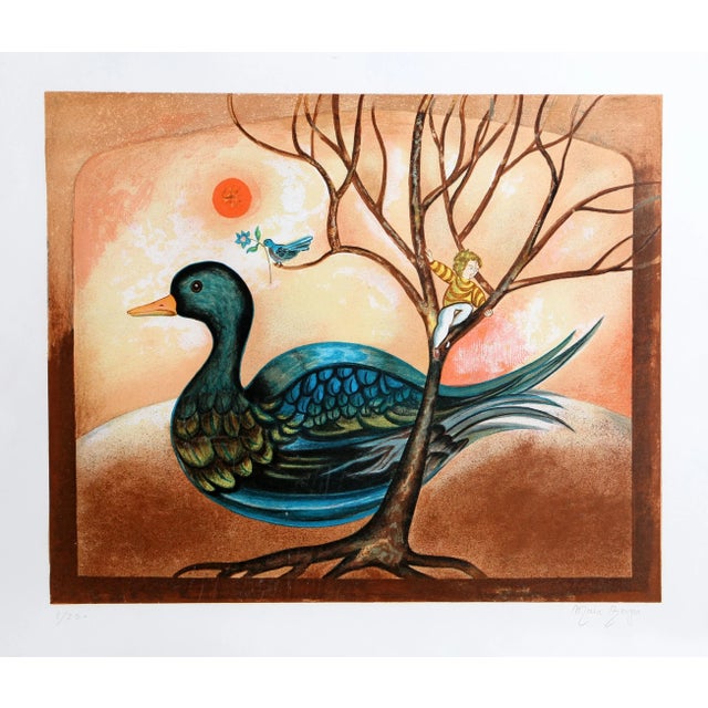 Le Canard Maia Berger Size: 21.5 in. x 30 in. Serigraph, signed and numbered in pencil 250 Sitting beside a leafless tree,...