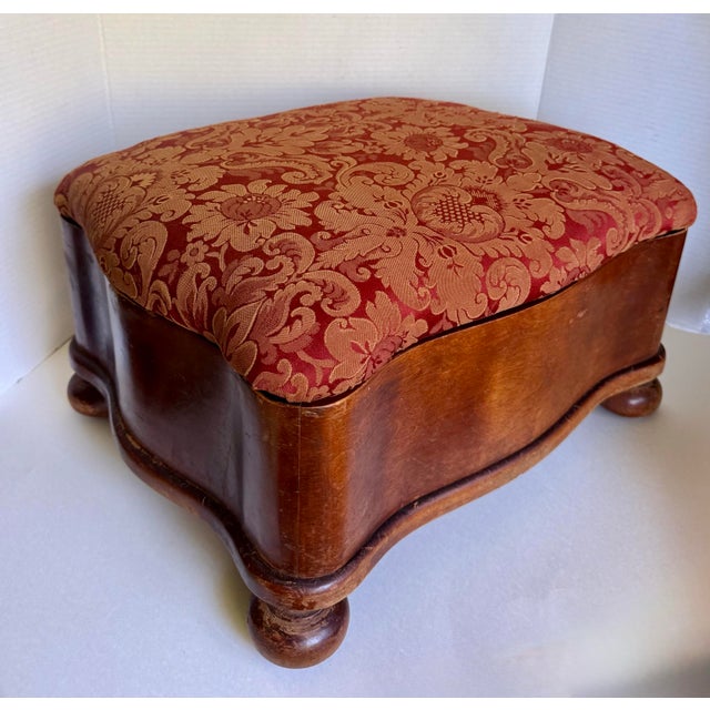 Early 20th Century Antique Upholstered Wood Serpentine Storage Footstool on Bun Feet For Sale - Image 5 of 12
