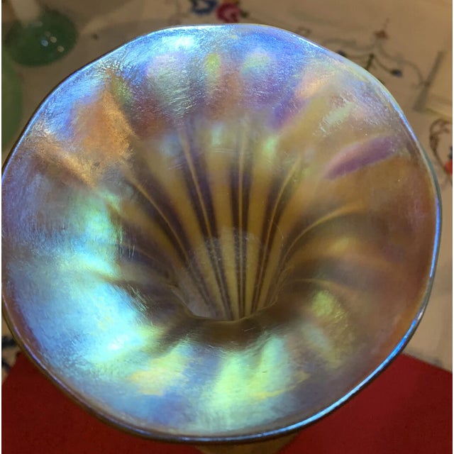 Antique 18" l.c. Tiffany Favrile Iridescent Trumpet Vase With Tiffany Furnaces Bronze Base For Sale In Dallas - Image 6 of 12
