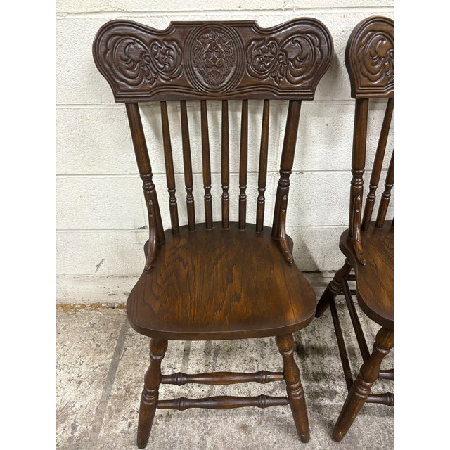 Late 20th Century Vintage Oak Lion Head Press Back Traditional Dining Chairs - Complete Set of 4 For Sale - Image 5 of 11
