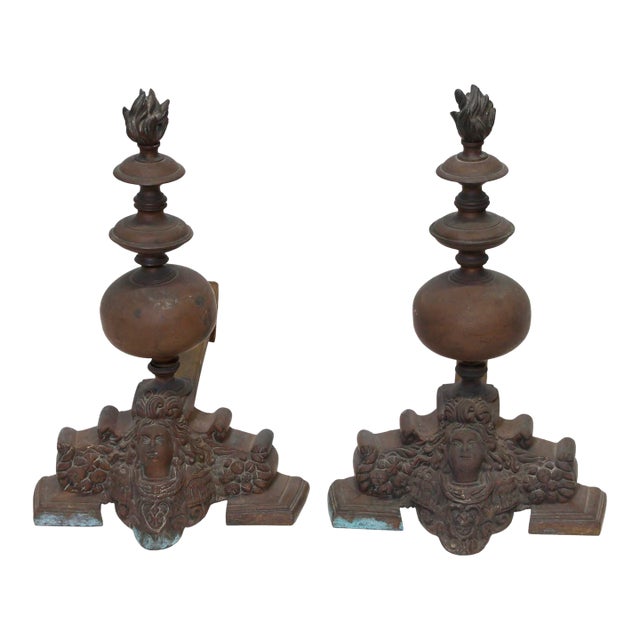 Pair of Ornate French Bronze Figural Chenets Andirons For Sale