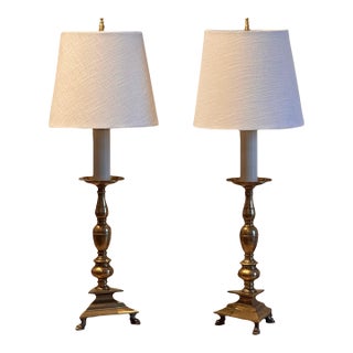 18th Century French Brass Altar Sticks Converted to Lamps - Pair For Sale