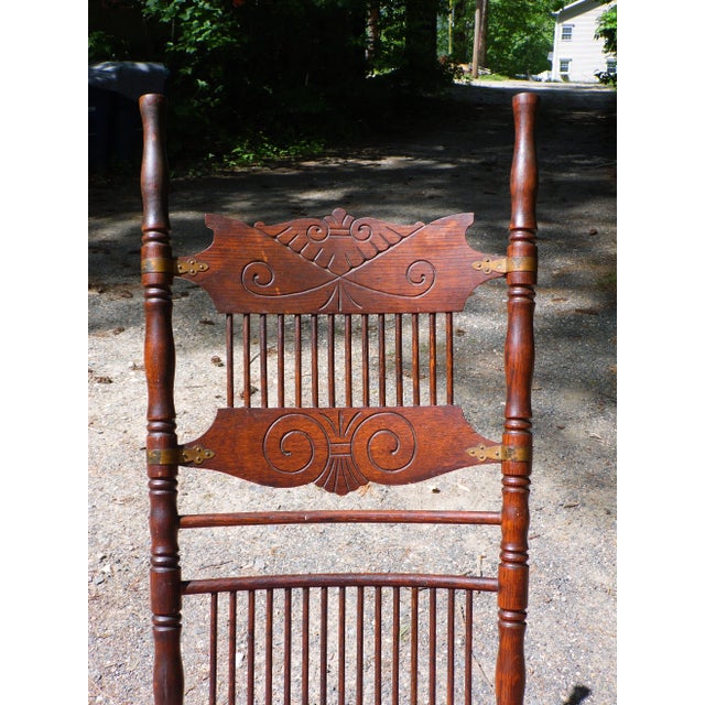 Brown Antique Spoon Carved Solid Oak Spindle Back Rocker Needlepoint Rocking Chair For Sale - Image 8 of 12