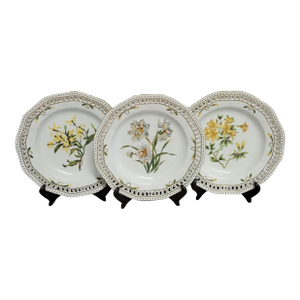 Chelsea House Botanical Porcelain Plates – Set of 3 With Gilt Pierced Borders