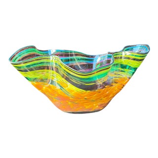 Large Signed Art Glass Freeform Bowl – Multicolor Swirl Murano Style Centerpiece For Sale