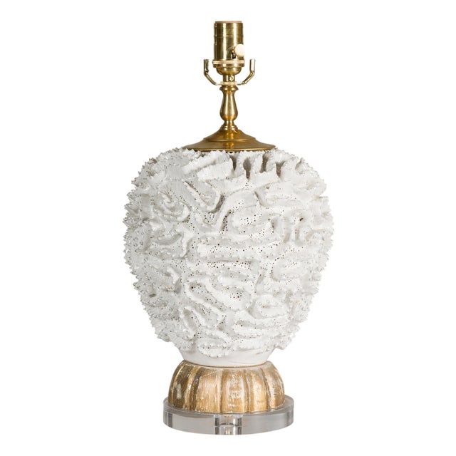 Mid 20th Century Italian White Pottery Table Lamp on Lucite Base For Sale