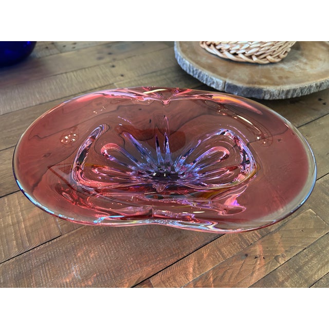 Mid-Century Modern Vintage Chřibská Czech Cranberry Art Glass Pedestal Centerpiece Bowl For Sale - Image 3 of 5