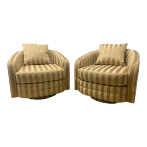 Vintage Mid-Century Modern Swivel 80s Barrel Lounge Chairs Attributed Milo Baughman Set of Two .