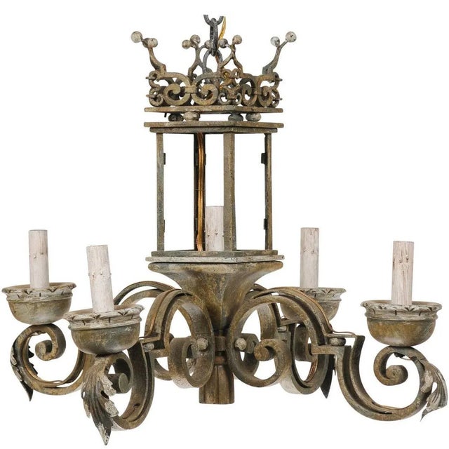 Mid 20th Century Italian Hand-Forged Iron & Painted Wood Chandelier with Regal Crown at the Top For Sale - Image 9 of 9