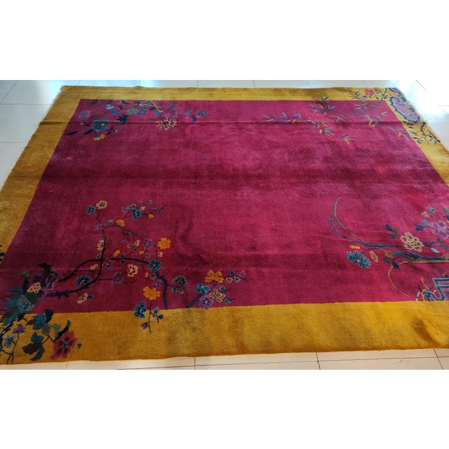 Art Deco 1920s Red Raspebery Floral Modern Antique Chinese Art Deco Rug 9'2" X 11'8" Wool Knotted Carpet For Sale - Image 3 of 6