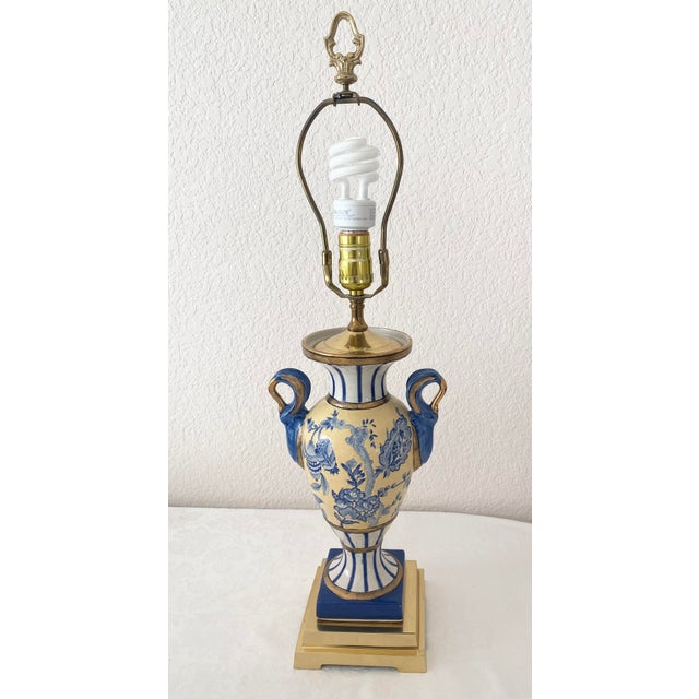 Blue Late 20th Century Exquisite Blue, Yellow, & White Floral & Striped Porcelain/Ceramic Urn/Vase Style Solid Brass Base & Upper Lamp Excellent Condition. For Sale - Image 8 of 14