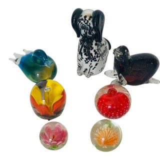 Set of 5 Vintage Art Glass Paperweights Set For Sale