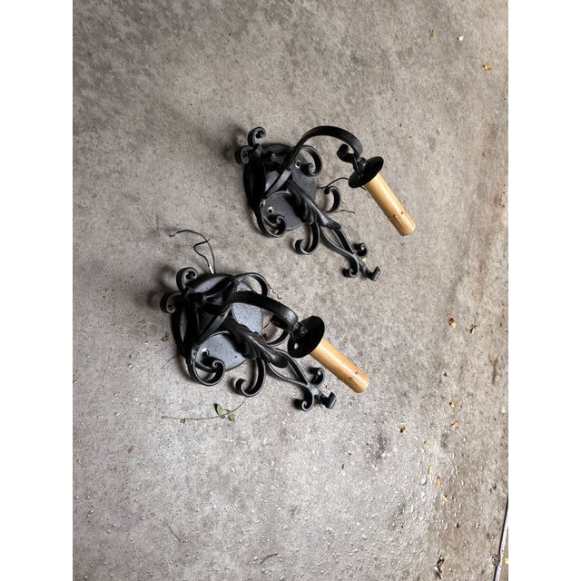 Spanish Revival 1990s Wrought Iron Candle Sconces - a Pair For Sale - Image 3 of 6