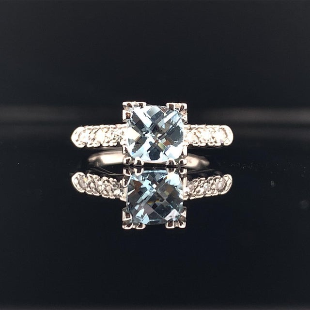 Metal Diamond Aquamarine Ring 14k White Gold 1.70 TCW Women Certified For Sale - Image 7 of 11