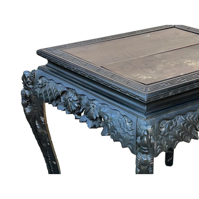 Vintage Chinese Black Relief Floral Carving Apron Claw Legs Side Console Table For Sale - Image 12 of 12