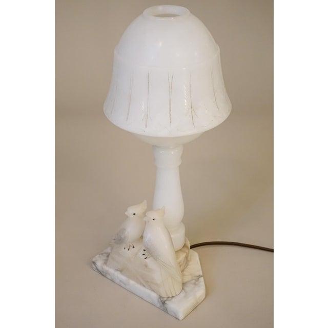 Alabaster 1930s Art Deco Carved Alabaster Marble Two Love Birds Sculpture FairyTable Lamp Italy For Sale - Image 8 of 14