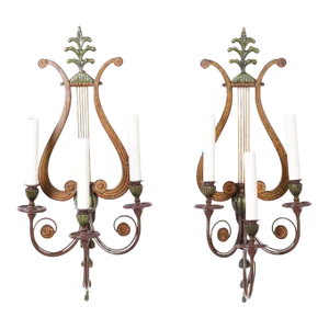 Antique Lyre Form Adam Style Tole Wall Sconces