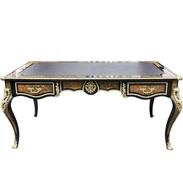 Black 1950s Large Louis XV Style Bureau Plat Boulle Marquetry For Sale - Image 8 of 8