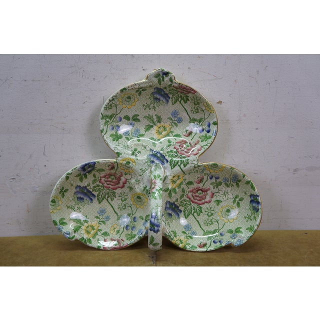 Antique Deans Burslem Dresden Green Chintz Divided Clover Dish 13" For Sale - Image 12 of 14