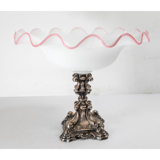 19th Century German 12 Loth Silver White and Pink Glass Centerpiece Compote For Sale - Image 4 of 13