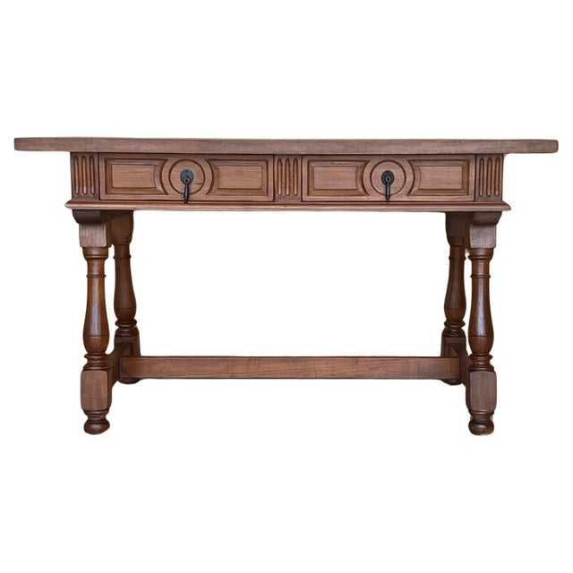Pair of Early 20th Spanish Light Walnut Country Farm Desk with Two Drawers For Sale - Image 15 of 18
