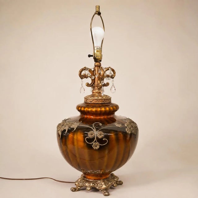 1960s Hollywood Regency Brown Glass Urn Table Lamp, Crystal Prisms, 32 Inch For Sale - Image 12 of 18