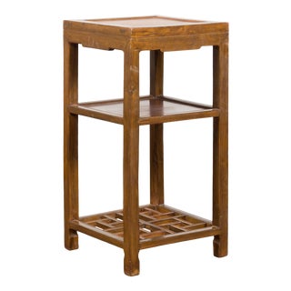 Vintage Honey Brown Side Table With Geometric Base Shelf For Sale