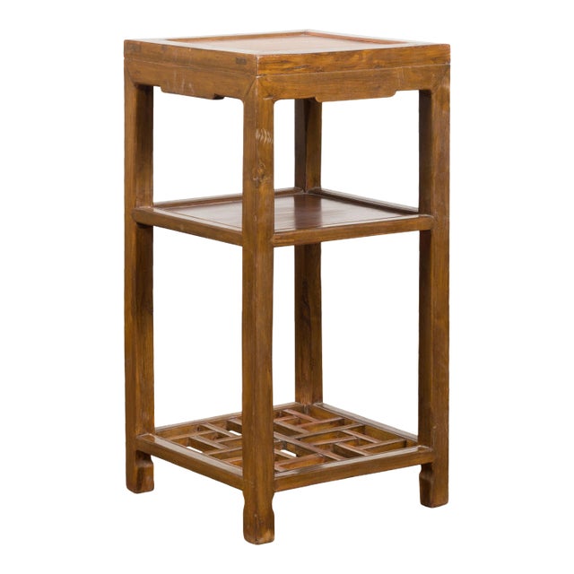 Vintage Honey Brown Side Table With Geometric Base Shelf For Sale