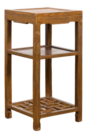 Vintage Honey Brown Side Table With Geometric Base Shelf