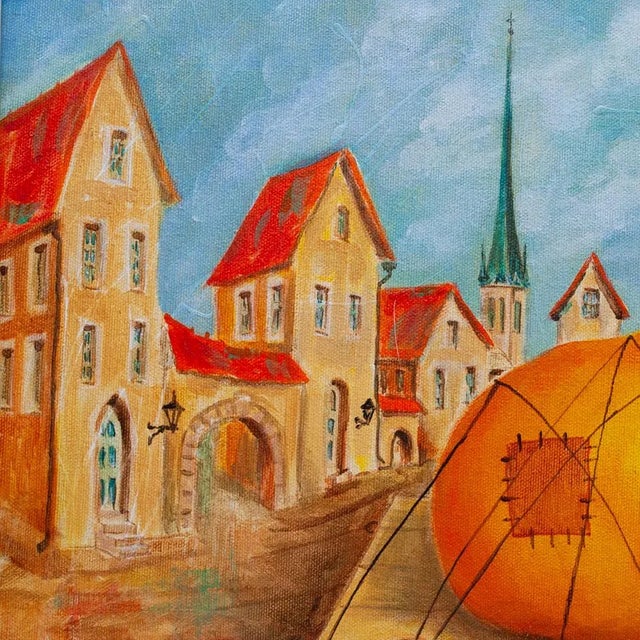 2012 Vlad Pronkin Original "Big Pear in an Old City" Surrealist Painting, Signed For Sale In Dallas - Image 6 of 13