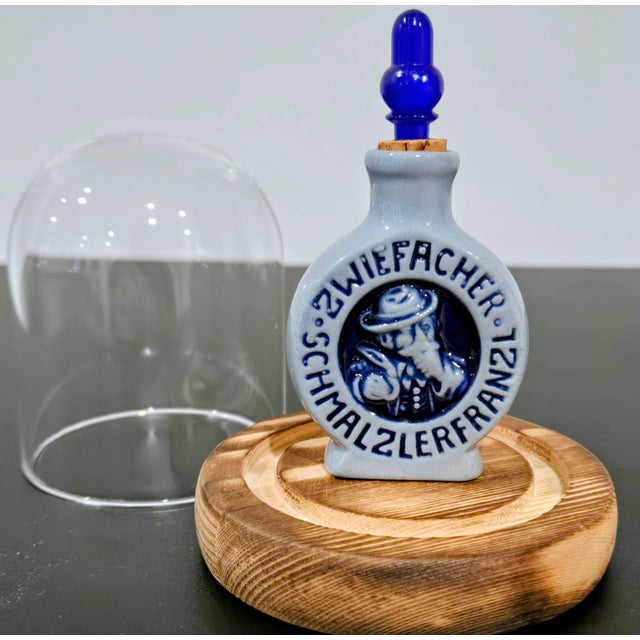 Mid 20th Century Vintage German Zwiefacher Schmalzlerfranzl Stoneware Snuff Bottle With Cobalt Stopper & Glass Display Globe For Sale - Image 5 of 7