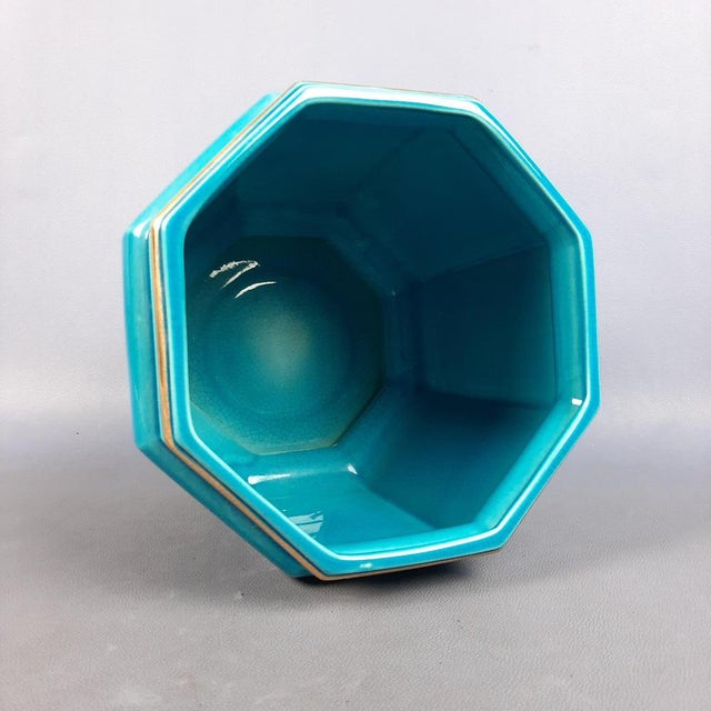 Ceramic Vintage Octagonal Ceramic Vase in Turquoise Gold Crackle SC3 N.849, Italy, 1950s For Sale - Image 7 of 14