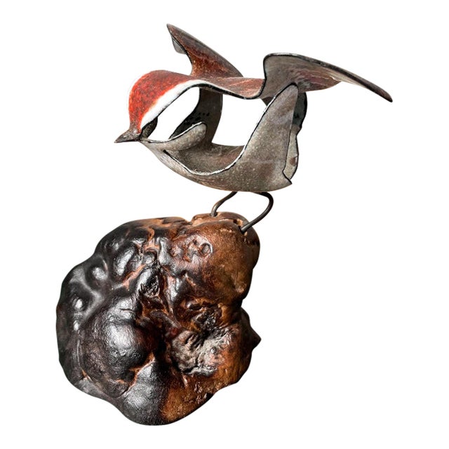 Vintage Norman Brumm Signed Enameled Copper Bird Sculpture on Burl Wood Base For Sale