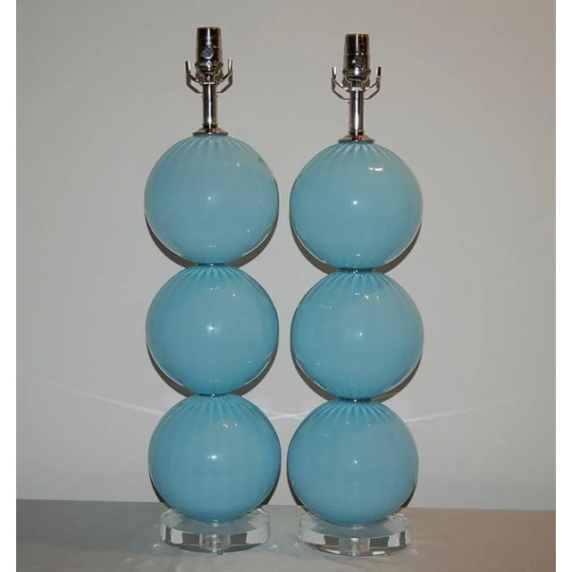 Matched pair of hand blown three ball glass table lamps by Joe Cariati in SKY BLUE. Such a soft, elegant color. These...