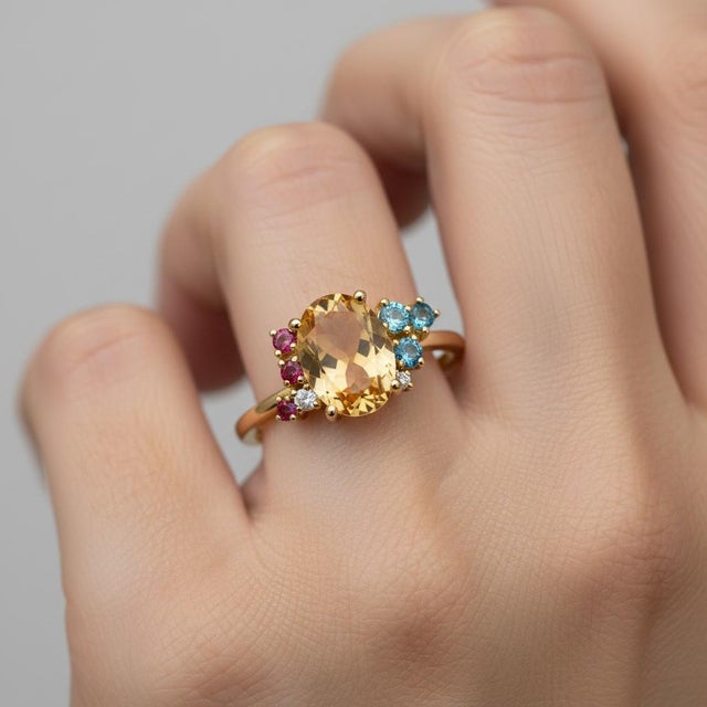 Modern Blue Topaz Multicolor Ring in 14k Gold, Size 7.5 For Sale - Image 3 of 11