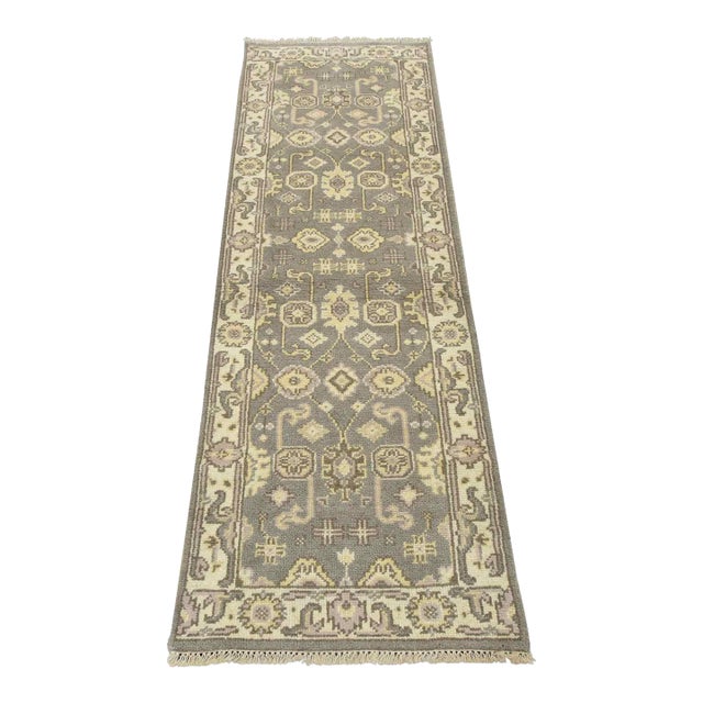 Oushak Runner 2'6'' X 7'10'' Gray Wool Traditional Hand-Knotted Oriental Rug For Sale
