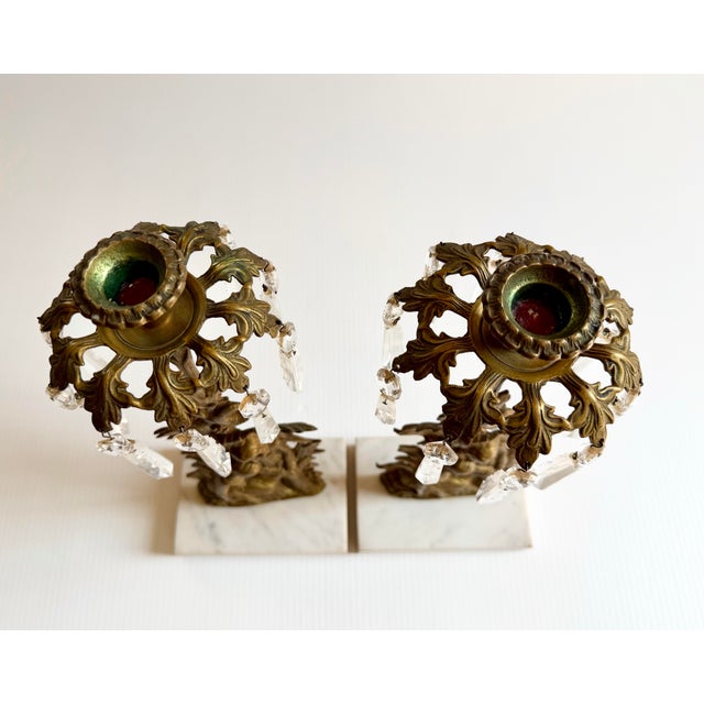 Late 19th Century Pair of Antique Brass Victorian Girandole Candlesticks With Marble Base & Prisms For Sale - Image 5 of 12