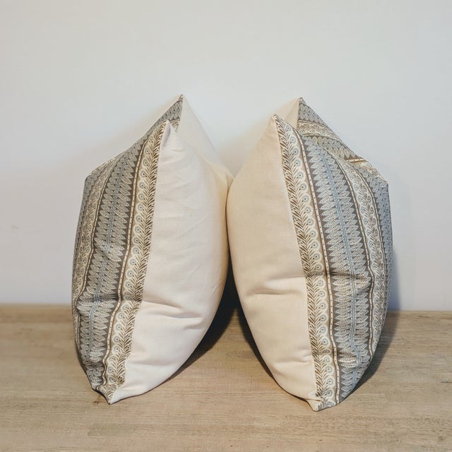 Jasper Eastlake pillows in sky and brown, in 100% hemp. Backs are coordinating cream linen. Invisible zippers and...