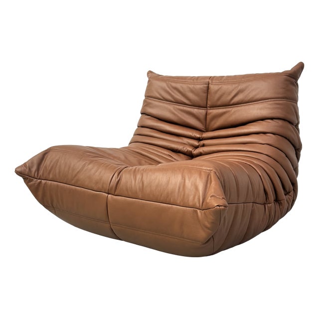 Togo Lounge Chair in Dark Cognac Leather attributed to Michel Ducaroy for Ligne Roset For Sale
