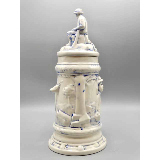 Mid 20th Century Statement Size German Lidded Stein W/ Hunting Motif Man Dog Stag For Sale - Image 5 of 12