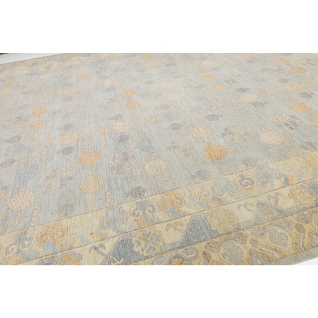 14x21 Modern Khotan HandKnotted Wool Rug – Blue, Ivory & Gold Pomegranate Design For Sale - Image 4 of 11