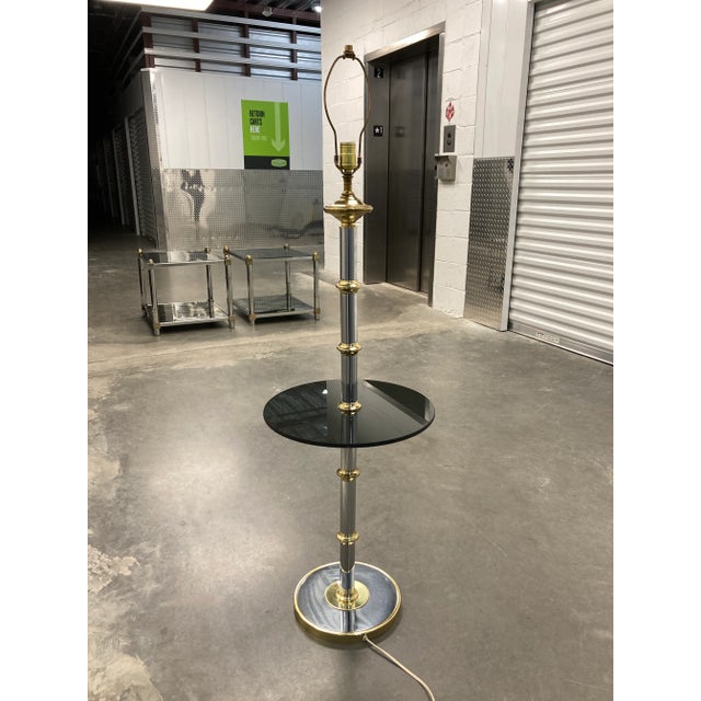 Maison Jansen Modernist Faux Bamboo Chrome & Brass Floor Lamp With Glass Tray Table in Mastercraft For Sale - Image 4 of 13