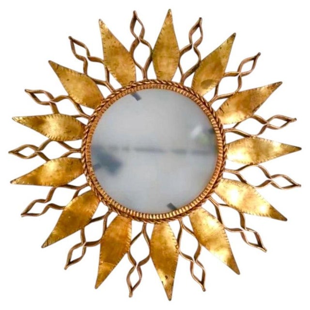 Large Spanish Crown Sunburst Fixture in Gilt Metal and Frost Glass, 1950 For Sale - Image 10 of 10