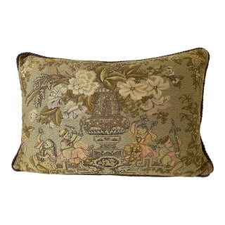 Late 20th Century Chinoiserie Style Anichini Chartreuse & Olive Green Brocade Pillow For Sale