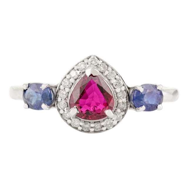 14k White Gold Sapphire Ruby Pear Halo Diamond Ring Size 5 For Sale